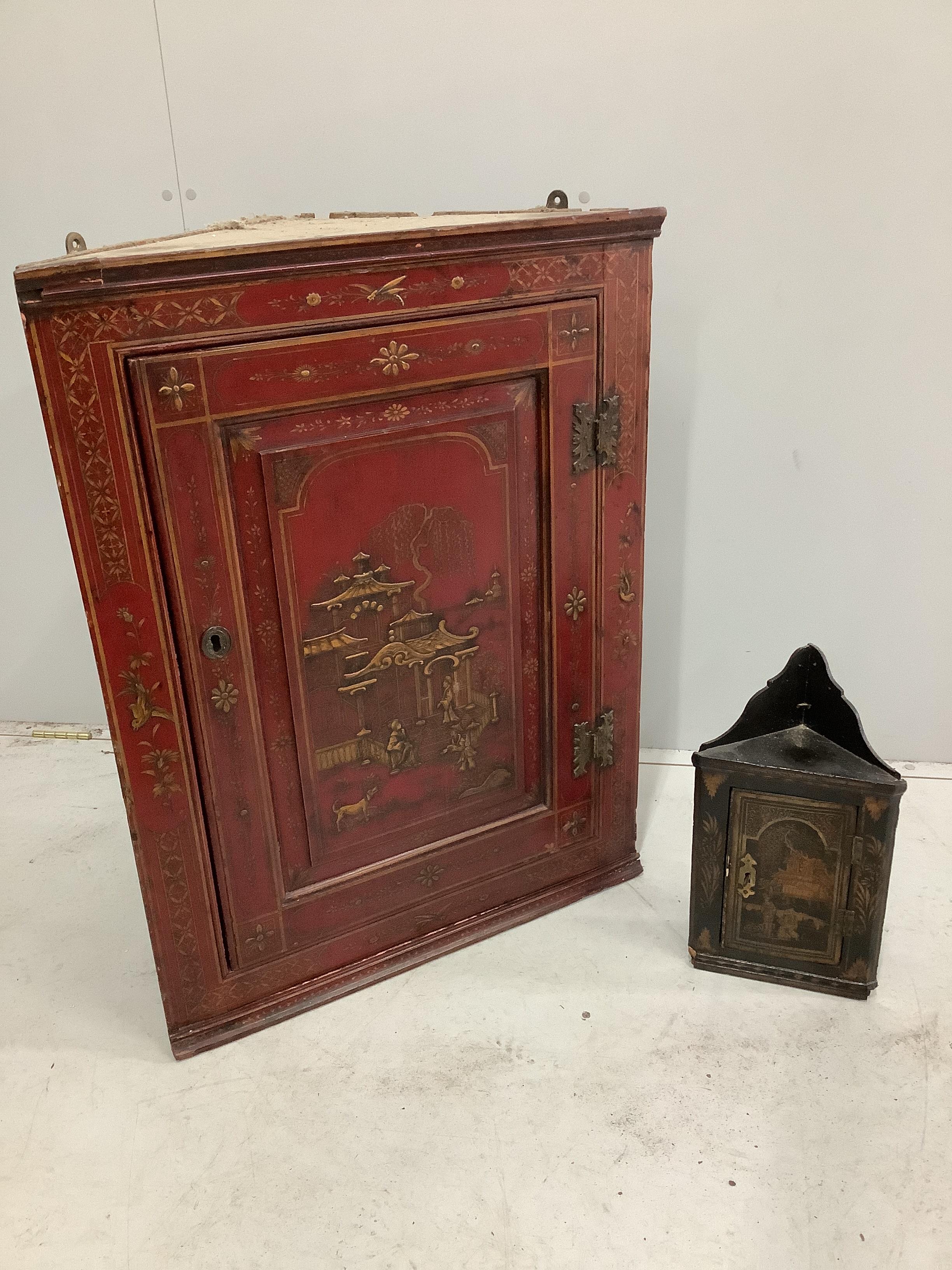 A 19th century chinoiserie lacquer hanging corner cabinet, width 69cm, depth 30cm, height 92cm together with a similar smaller later chinoiserie corner cabinet